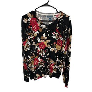 Karen Scott Womens Floral Black Button-Up Cardigan Sweater Size Mediun Chic
